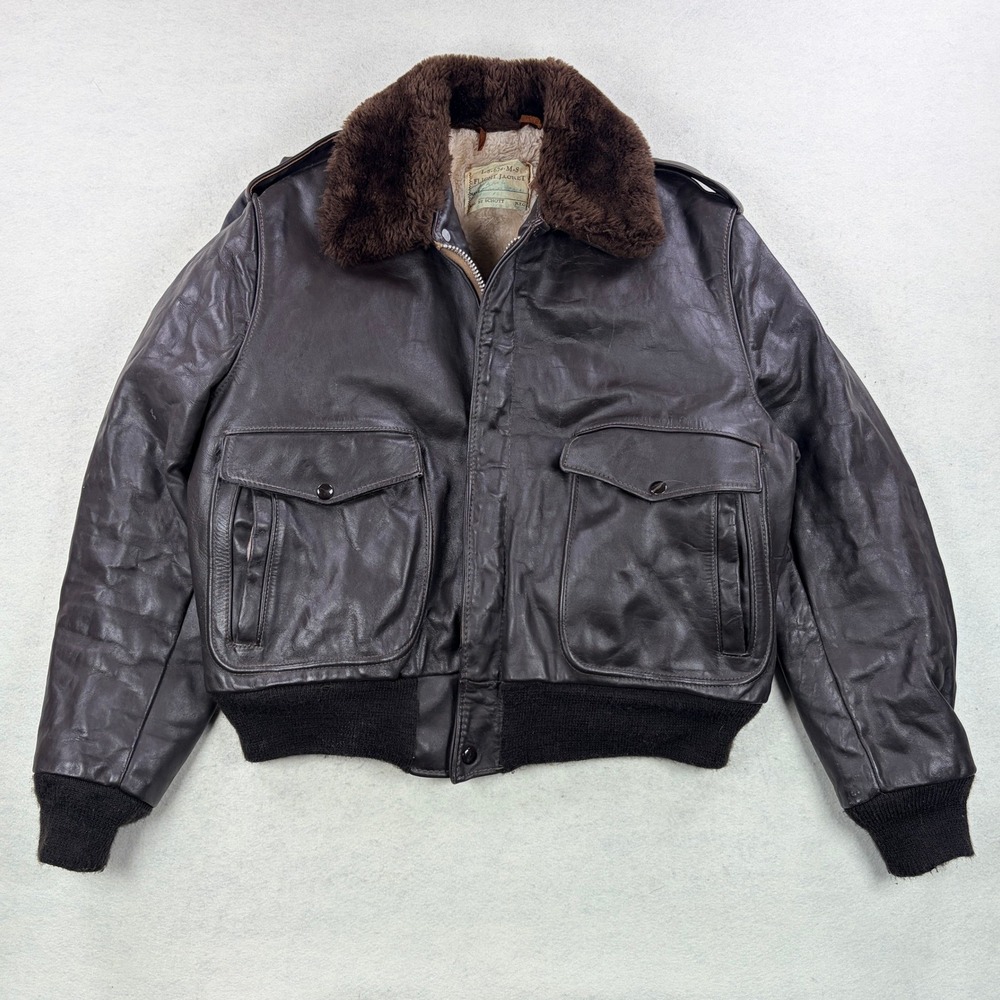 Vintage Schott NYC IS-674-MS Leather Flight Jacket Brown Faux Fur Lining Talon